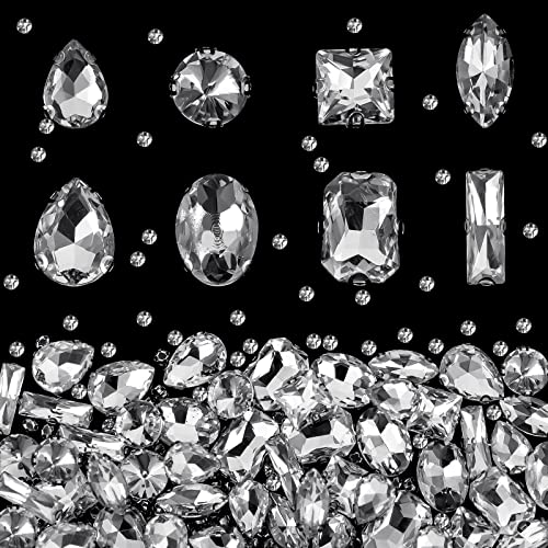 Dilunave 240 Pieces Large Sew on Rhinestones Clear Glass Crystal Gems Diamond Stone Metal Back Prong Setting Crafts Mix Shapes Claw for Jewelry, Clothes, Shoes, Costume (Clear White) - Image 1
