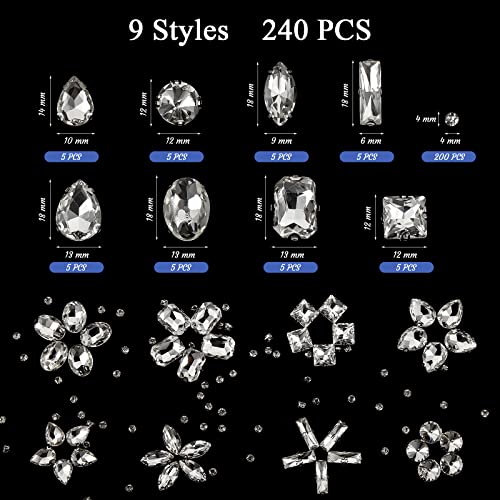 Dilunave 240 Pieces Large Sew on Rhinestones Clear Glass Crystal Gems Diamond Stone Metal Back Prong Setting Crafts Mix Shapes Claw for Jewelry, Clothes, Shoes, Costume (Clear White) - Image 3