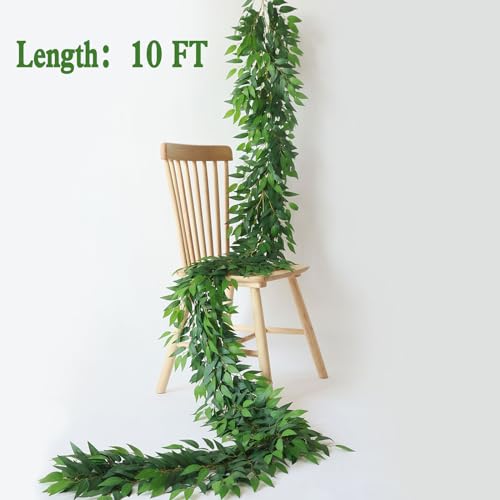 Mizii Artificial Vines Garland 10 Feet Faux Italian Ruscus Vine Greenery Garland Silk Green Leaves Decoration Fake Plants Greenery for Table Centerpieces Home Room Wall Wedding Arch Decor (10 feet) - Image 2