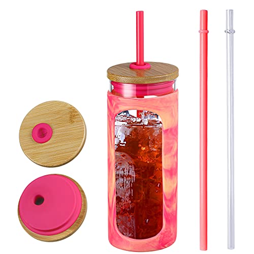Kodrine 20oz Glass Tumbler with Straw and Lid Iced Coffee Cups with Bamboo Lids Glass Cups for Cold Drinks Smoothie Cup with Silicone Sleeve for Travel Work BPA FREERed Yellow