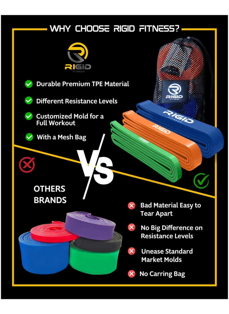 RIGID FITNESS Fitness Resistance Bands Set - Durable Tpe Rubber Bands For Pull-Up Assistance, Stretching, Bodybuilding & Fitness Exercises - Suitable For Home And Gym Workouts - 3 Levels (Light, Medium, Hard)  - Image 2