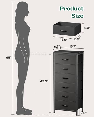 Huuger 43.3 Inch Tall Dresser for Bedroom, 6 Drawer Night Stand & Chests of Drawers, Fabric Dresser for Closet, Bedroom, Nightstand, End Table with Metal Frame, Storage Tower with Fabric Bins, Black - Image 5
