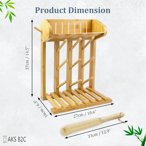 AKS B2C Bamboo Baby Bottle Drying Rack, Vertical Space Saving Kitchen Organizer, 9 Bottle Capacity, Countertop Storage Holder and Bottle Dryer with Draining Base (Comes with a Free Cleaning Brush) - Image 4