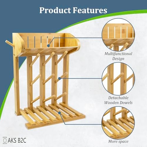 AKS B2C Bamboo Baby Bottle Drying Rack, Vertical Space Saving Kitchen Organizer, 9 Bottle Capacity, Countertop Storage Holder and Bottle Dryer with Draining Base (Comes with a Free Cleaning Brush) - Image 3