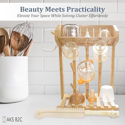 AKS B2C Bamboo Baby Bottle Drying Rack, Vertical Space Saving Kitchen Organizer, 9 Bottle Capacity, Countertop Storage Holder and Bottle Dryer with Draining Base (Comes with a Free Cleaning Brush) - Image 5