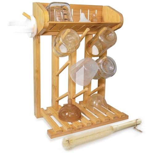 AKS B2C Bamboo Baby Bottle Drying Rack, Vertical Space Saving Kitchen Organizer, 9 Bottle Capacity, Countertop Storage Holder and Bottle Dryer with Draining Base (Comes with a Free Cleaning Brush) - Image 1