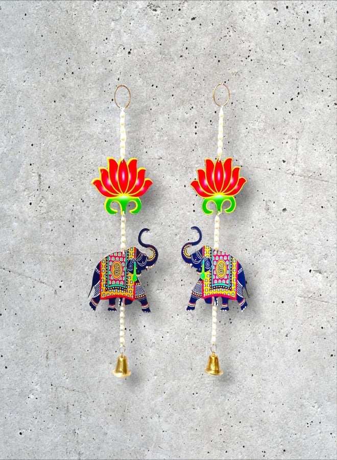KOOGLY Decorative Indian Elephant Pearl String Door Hanging with Lotus Flower, Traditional Bell Chime, Red and Navy Blue, Handcrafted Pearl Beads - Image 3