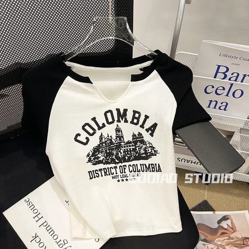 Contrast Color Stitching Short-Sleeved T-Shirt Women'S Summer Korean-Style New Niche High Waist Short Printed Rags Top Base Shirt - Image 1