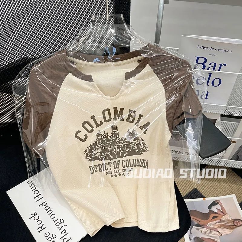 Contrast Color Stitching Short-Sleeved T-Shirt Women'S Summer Korean-Style New Niche High Waist Short Printed Rags Top Base Shirt - Image 2