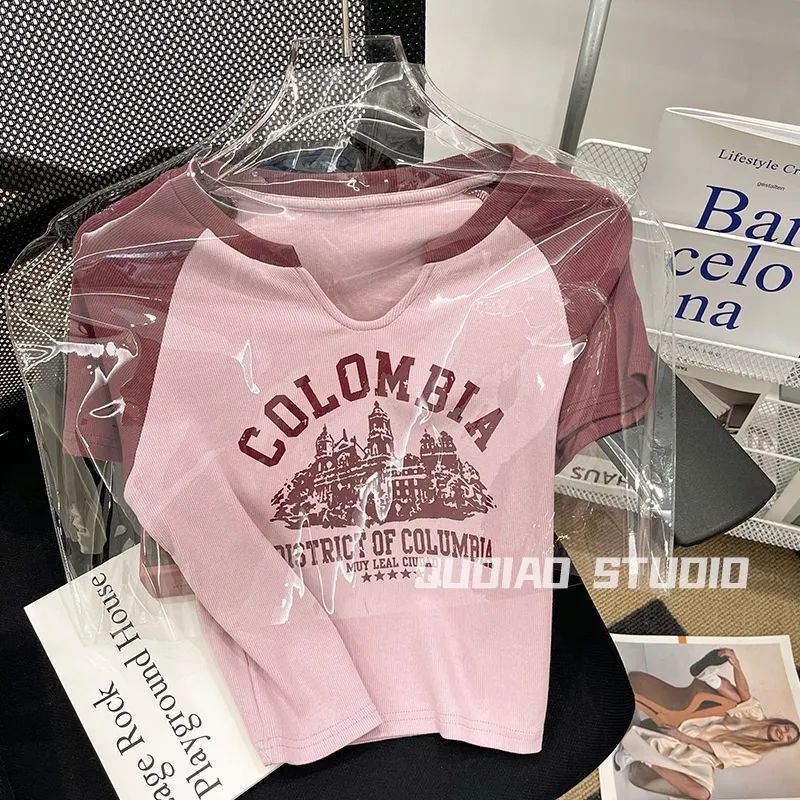 Contrast Color Stitching Short-Sleeved T-Shirt Women'S Summer Korean-Style New Niche High Waist Short Printed Rags Top Base Shirt - Image 4