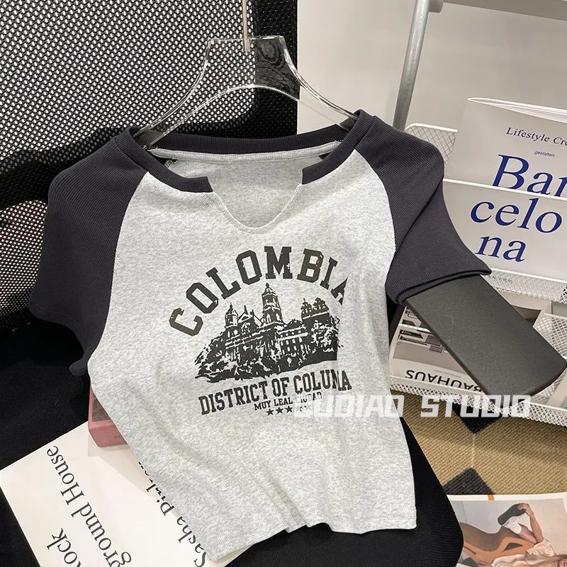 Contrast Color Stitching Short-Sleeved T-Shirt Women'S Summer Korean-Style New Niche High Waist Short Printed Rags Top Base Shirt - Image 5