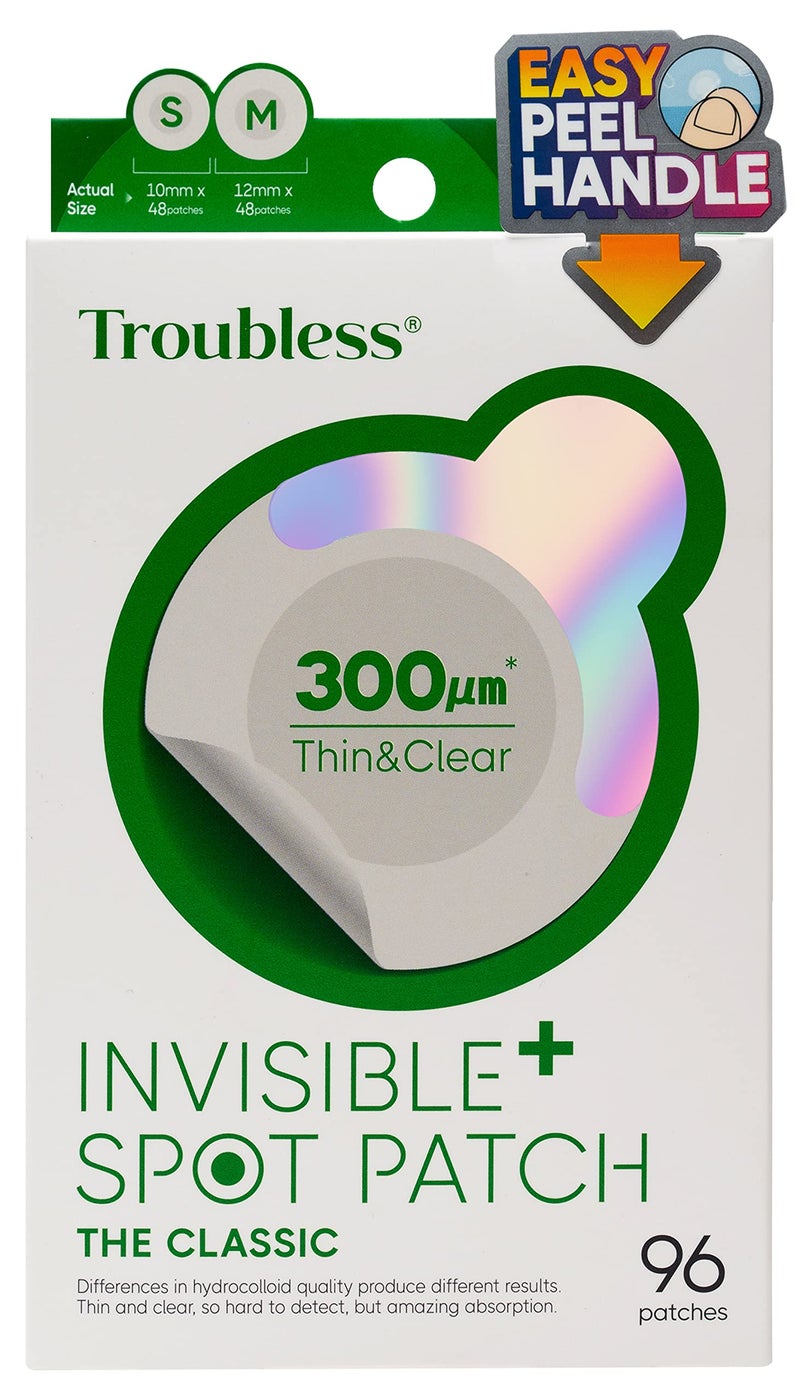 Troubless Invisible Pimple Spot Patch Classic Hydrocolloid Acne Patches for Face Ultra Thin Acne Patches with Easy Peel Handle Overnight Pimple Patches 2 Sizes 96 Count Pack of 1