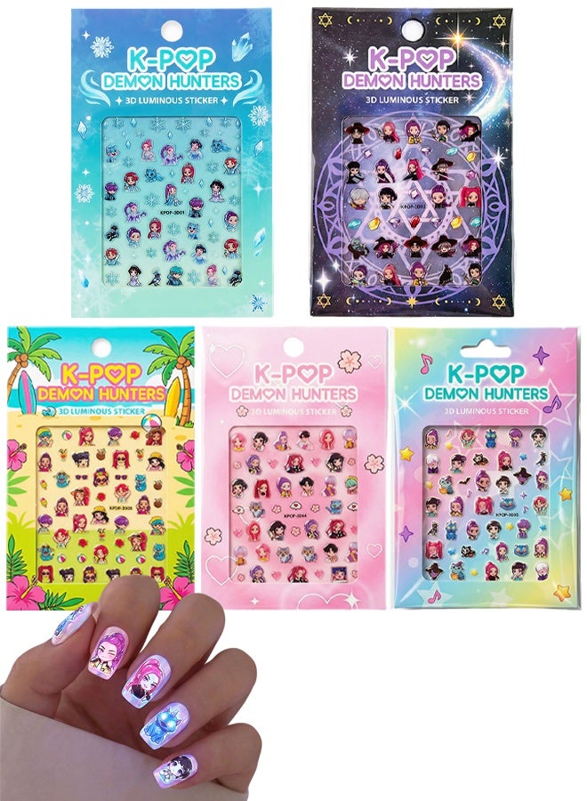 5 Sets HUNTRIX Kpop Demon Hunter 3D Luminous Nail Art Stickers, Self-Adhesive Nail Decals DIY Manicure for Concert Themed Party Favors Girls Women - Image 1
