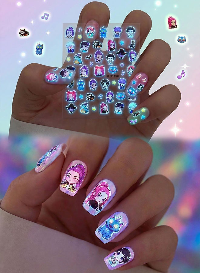 5 Sets HUNTRIX Kpop Demon Hunter 3D Luminous Nail Art Stickers, Self-Adhesive Nail Decals DIY Manicure for Concert Themed Party Favors Girls Women - Image 5