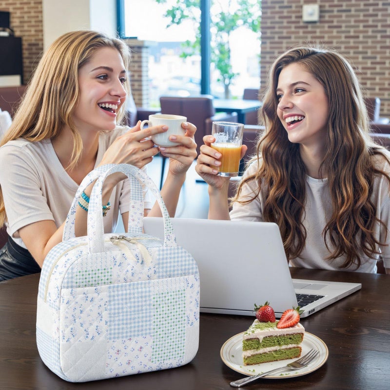 WOBAGMEN Quilted Lunch Box for Women,Coquette Aesthetic Lunch Box for Teen Girls,Cute Floral Lunch Bags for Work, School,Office,Picnic,Travel (green blue pin) - Image 4