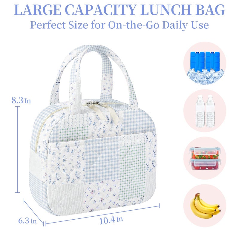 WOBAGMEN Quilted Lunch Box for Women,Coquette Aesthetic Lunch Box for Teen Girls,Cute Floral Lunch Bags for Work, School,Office,Picnic,Travel (green blue pin) - Image 2
