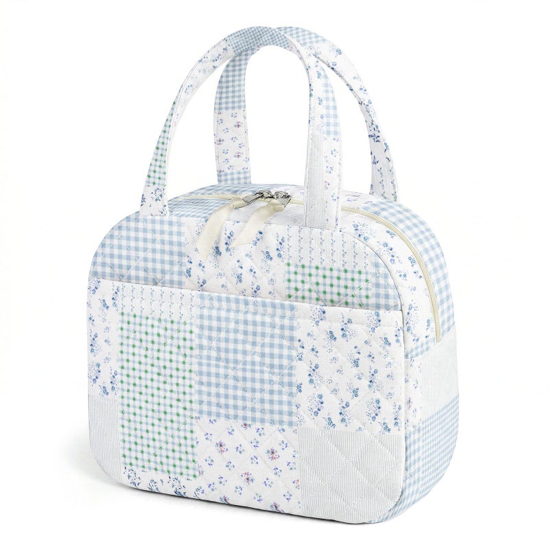 WOBAGMEN Quilted Lunch Box for Women,Coquette Aesthetic Lunch Box for Teen Girls,Cute Floral Lunch Bags for Work, School,Office,Picnic,Travel (green blue pin) - Image 1