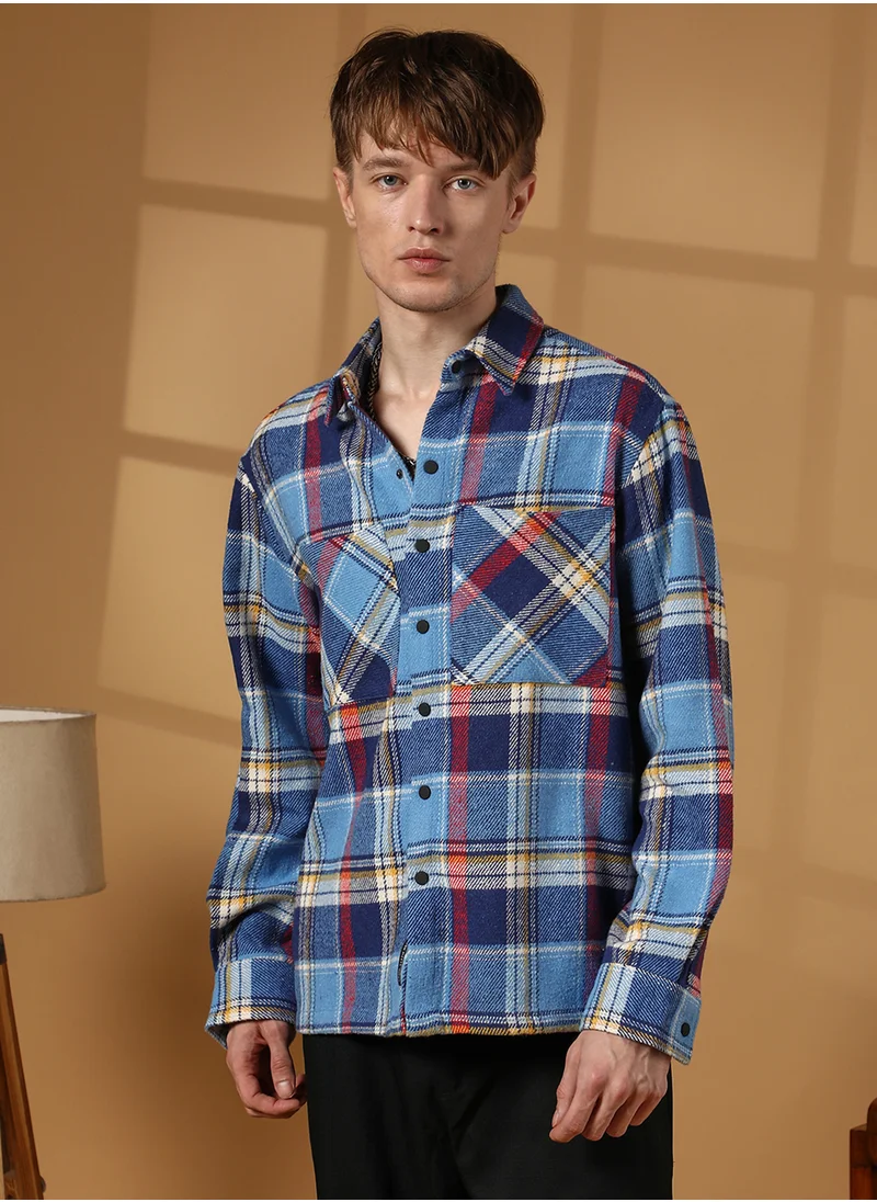 Campus Sutra Men's Azure Blue Tartan Plaid Utility Overshirt