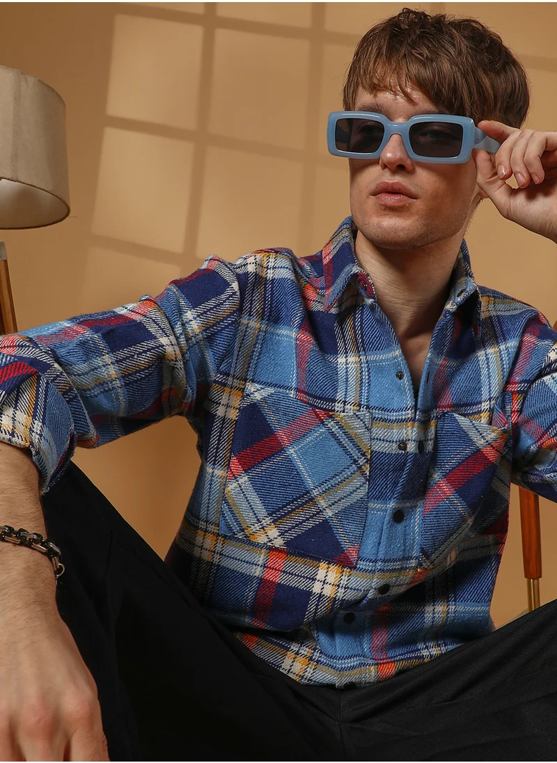 Campus Sutra Men's Azure Blue Tartan Plaid Utility Overshirt