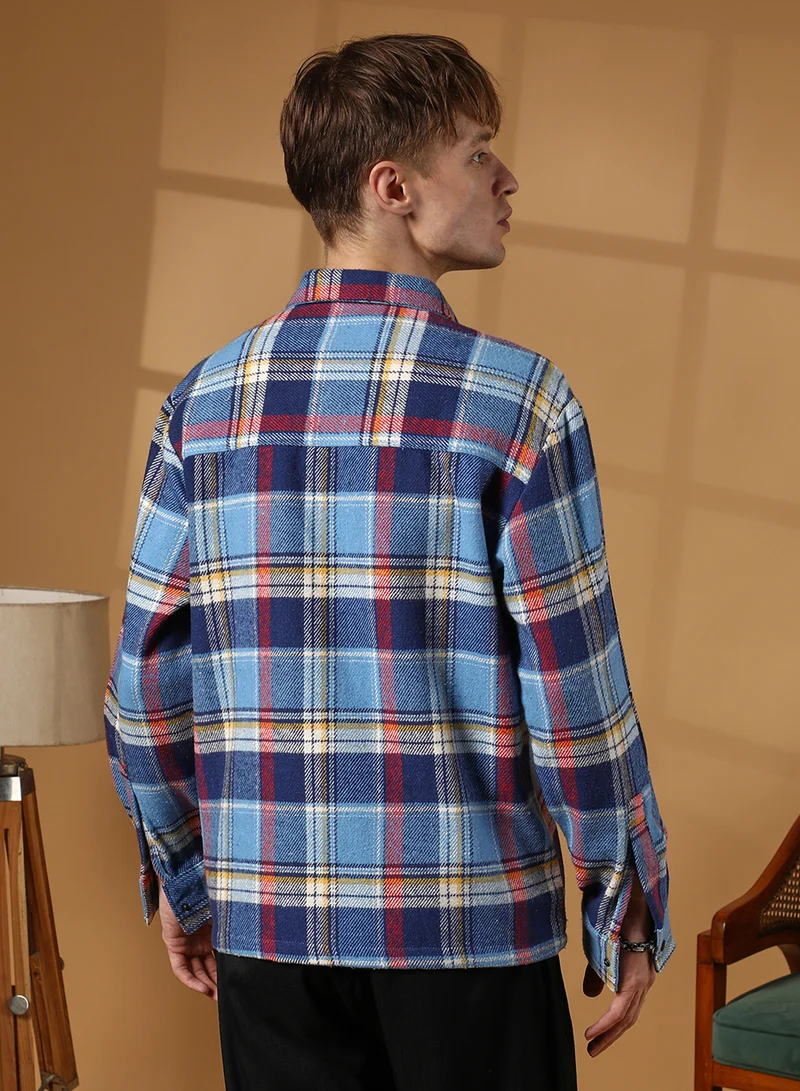 Campus Sutra Campus Sutra Men's Azure Blue Tartan Plaid Utility Overshirt For Casual Wear | Spread Collar | Long Sleeve | Button Closure | Overshirt/Shacket Crafted With Comfort Fit For Everyday Wear