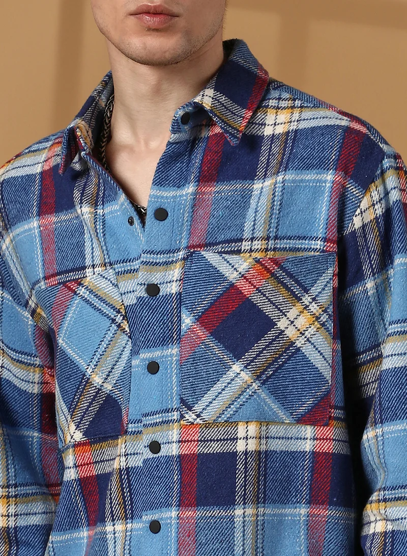 Campus Sutra Campus Sutra Men's Azure Blue Tartan Plaid Utility Overshirt For Casual Wear | Spread Collar | Long Sleeve | Button Closure | Overshirt/Shacket Crafted With Comfort Fit For Everyday Wear