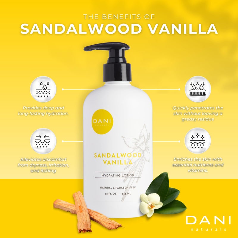 DANI Naturals Hand & Body Lotion - Warm Sandalwood Vanilla Scented Aromatherapy Moisturizer, Deep Hydration for Dry & Dull Skin with Shea Butter, Aloe Vera, & Vitamin E, Cruelty-Free & Vegan, 12 Oz - Image 2