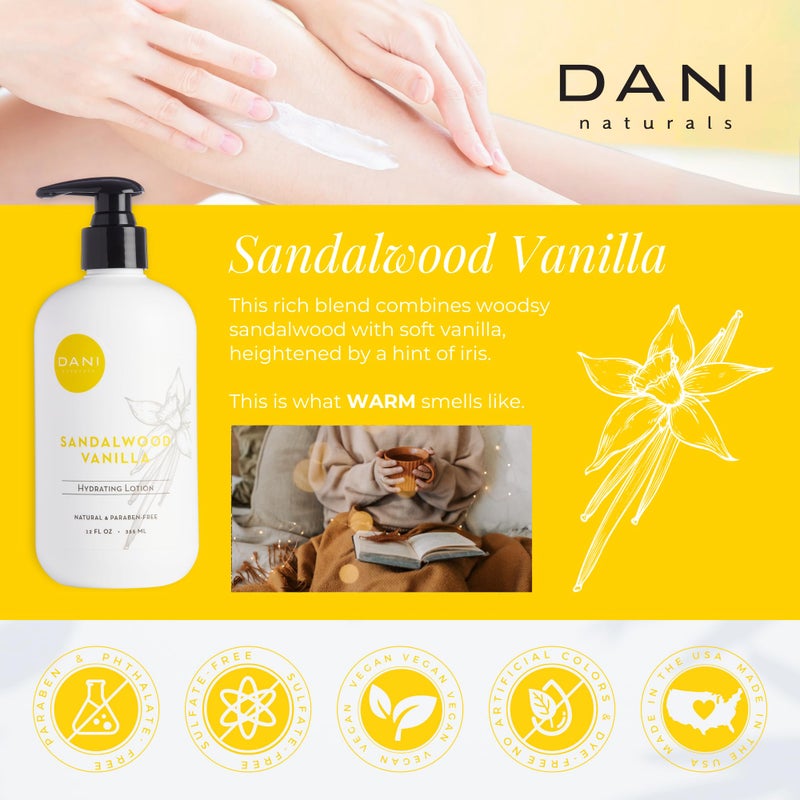 DANI Naturals Hand & Body Lotion - Warm Sandalwood Vanilla Scented Aromatherapy Moisturizer, Deep Hydration for Dry & Dull Skin with Shea Butter, Aloe Vera, & Vitamin E, Cruelty-Free & Vegan, 12 Oz - Image 5