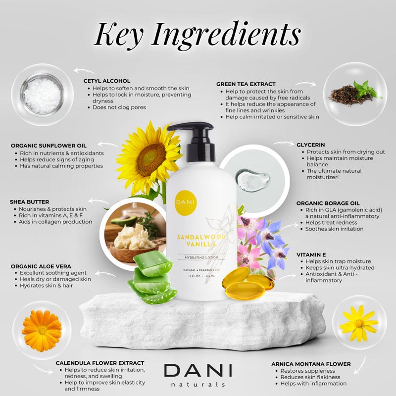 DANI Naturals Hand & Body Lotion - Warm Sandalwood Vanilla Scented Aromatherapy Moisturizer, Deep Hydration for Dry & Dull Skin with Shea Butter, Aloe Vera, & Vitamin E, Cruelty-Free & Vegan, 12 Oz - Image 3