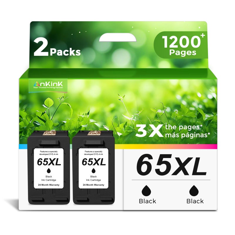 Ankink 65XL Black Ink Cartridge Replacement for HP Ink 65 HP65 XL HP65XL for Envy 5055 5000 5052 5010 5070 5014, Deskjet 3755 3700 2600 3722 3772 3752 2652 2655 2622 2640 Printer, BK 2 Pack - Image 1