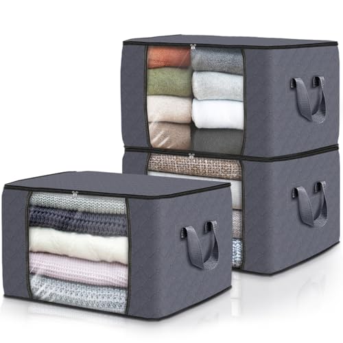 Fab totes 3 Pack Clothes Storage Foldable Thick Fabric Blanket Storage Bags Containers for Organizing Bedroom Closet Clothing ComforterCloset Organization with HandleGrey