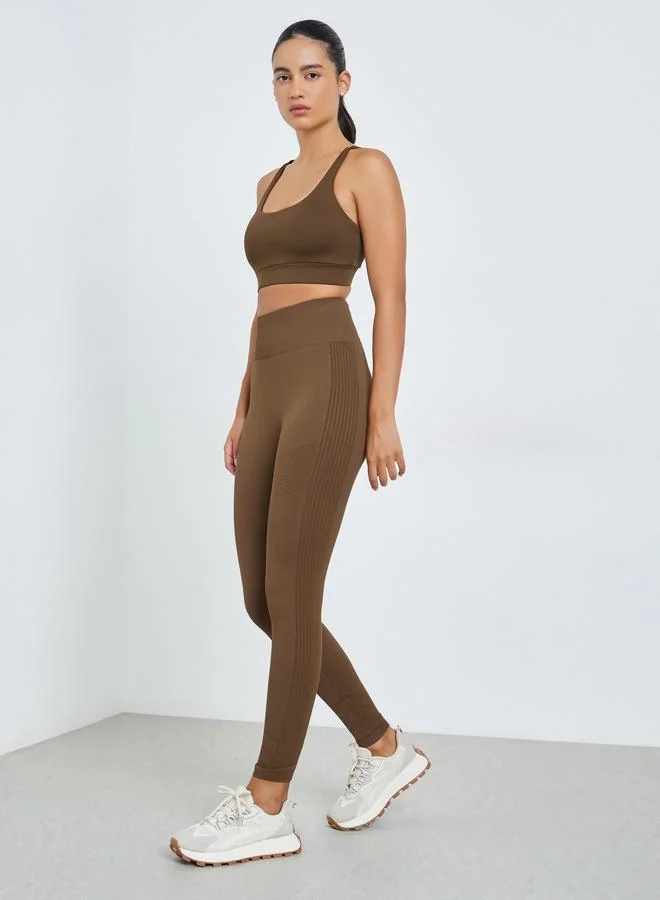 Styli Active Brown Tonal Side Rib Panel Back Scrunch Leggings