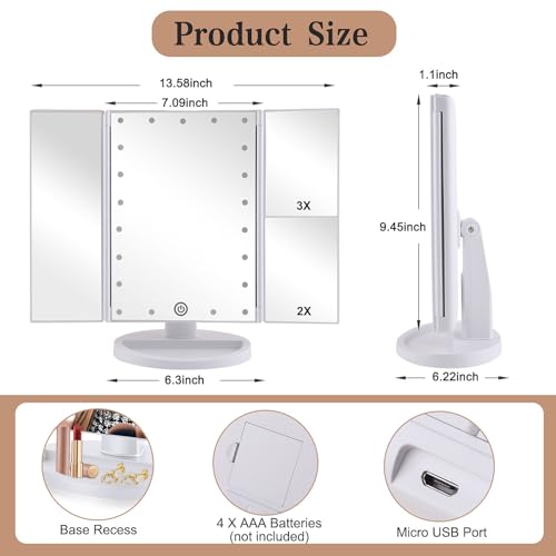 Infitrans Trifold Makeup Mirror Vanity Mirror with Lights,1X 2X 3X Magnification,Touch Screen,180 Adjustable Rotation,Portable Travel Bathroom Cosmetic Mirror - Image 2