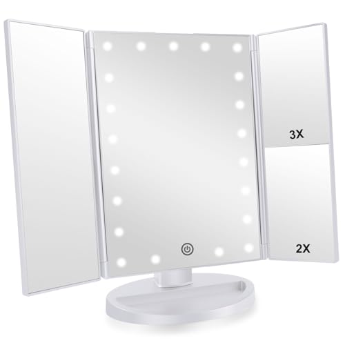 Infitrans Trifold Makeup Mirror Vanity Mirror with Lights,1X 2X 3X Magnification,Touch Screen,180 Adjustable Rotation,Portable Travel Bathroom Cosmetic Mirror - Image 1