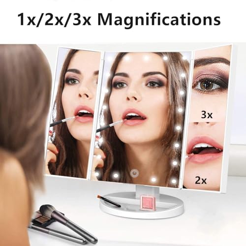 Infitrans Trifold Makeup Mirror Vanity Mirror with Lights,1X 2X 3X Magnification,Touch Screen,180 Adjustable Rotation,Portable Travel Bathroom Cosmetic Mirror - Image 3