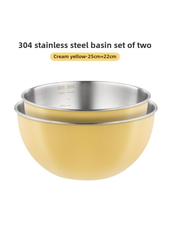 Egg Bowl Stainless Steel 304 Food Grade Kneading Baking Special Bowl Basin Household Kitchen Dish Washing Dishes And Noodles-Color:Cream Yellow Two-piece Set (22+25)cm - Image 1