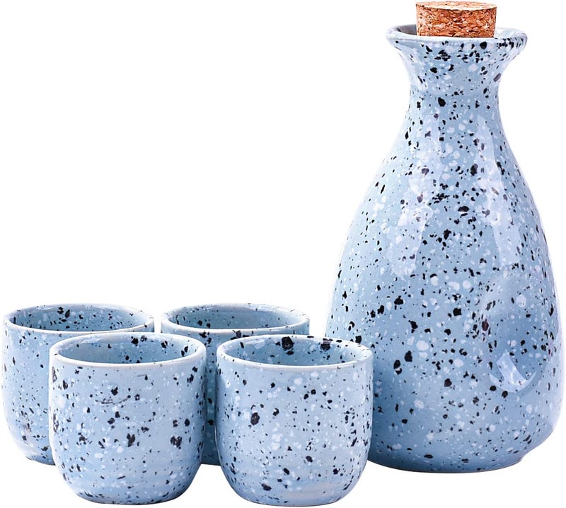 LMRLCS Sake Set Featuring 1 Sake Bottle 1 Bottle Stopper and 4 Sake Cups, Blue - Image 1