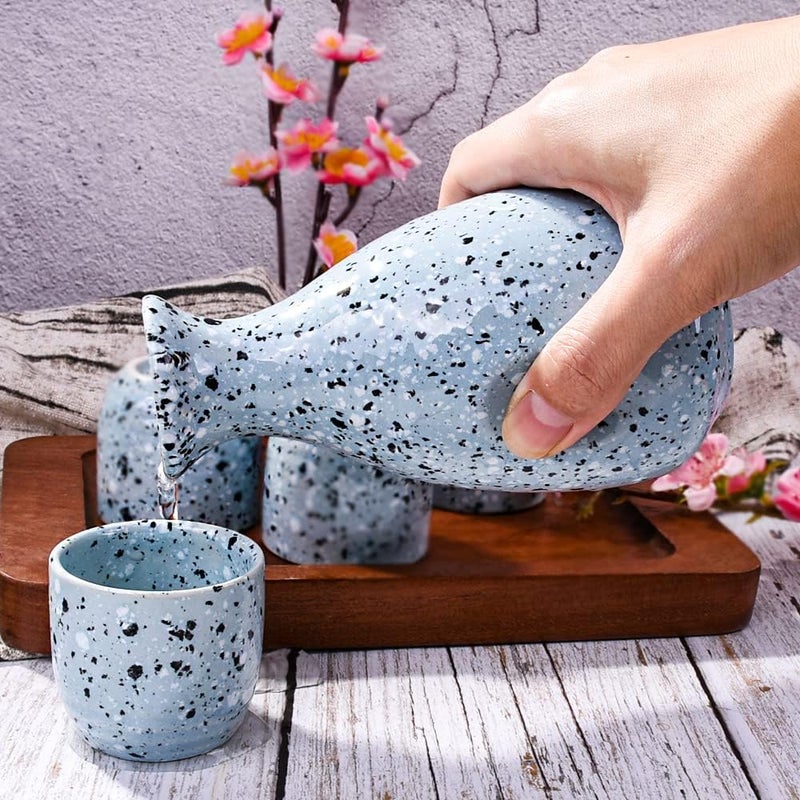 LMRLCS Sake Set Featuring 1 Sake Bottle 1 Bottle Stopper and 4 Sake Cups, Blue - Image 2
