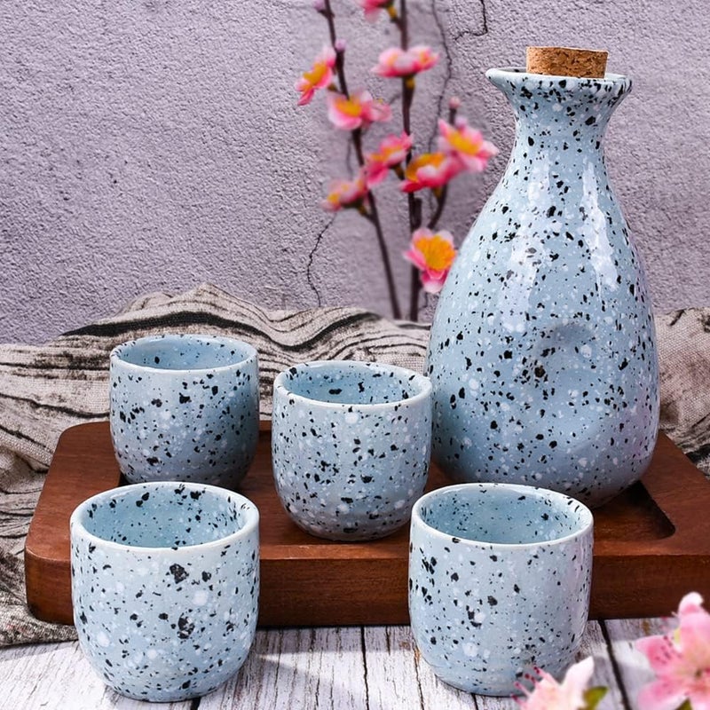 LMRLCS Sake Set Featuring 1 Sake Bottle 1 Bottle Stopper and 4 Sake Cups, Blue - Image 4