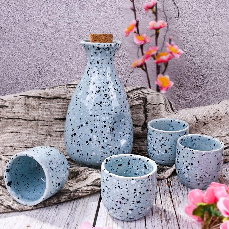 LMRLCS Sake Set Featuring 1 Sake Bottle 1 Bottle Stopper and 4 Sake Cups, Blue - Image 3
