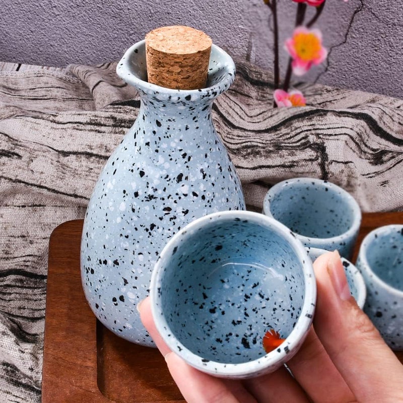 LMRLCS Sake Set Featuring 1 Sake Bottle 1 Bottle Stopper and 4 Sake Cups, Blue - Image 5