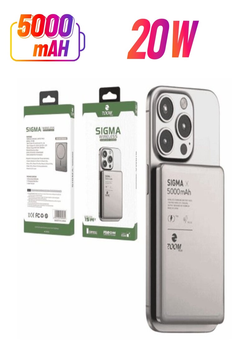 Zoom Plus 5000 mAh ZOOMPLUS- W05 MagSafe Battery ( Sigma Super Slim With Wireless Metal And Glass 5K ) Magnetic Power Bank, Wireless Portable Charger, 20W Fast Charging Battery Pack with USB-C Compatible with Magsafe, iPhone 15/15 Plus/15 Pro/15 Pro Max16 Pro Max, iPhone 14/13/12/15/16 - Image 1