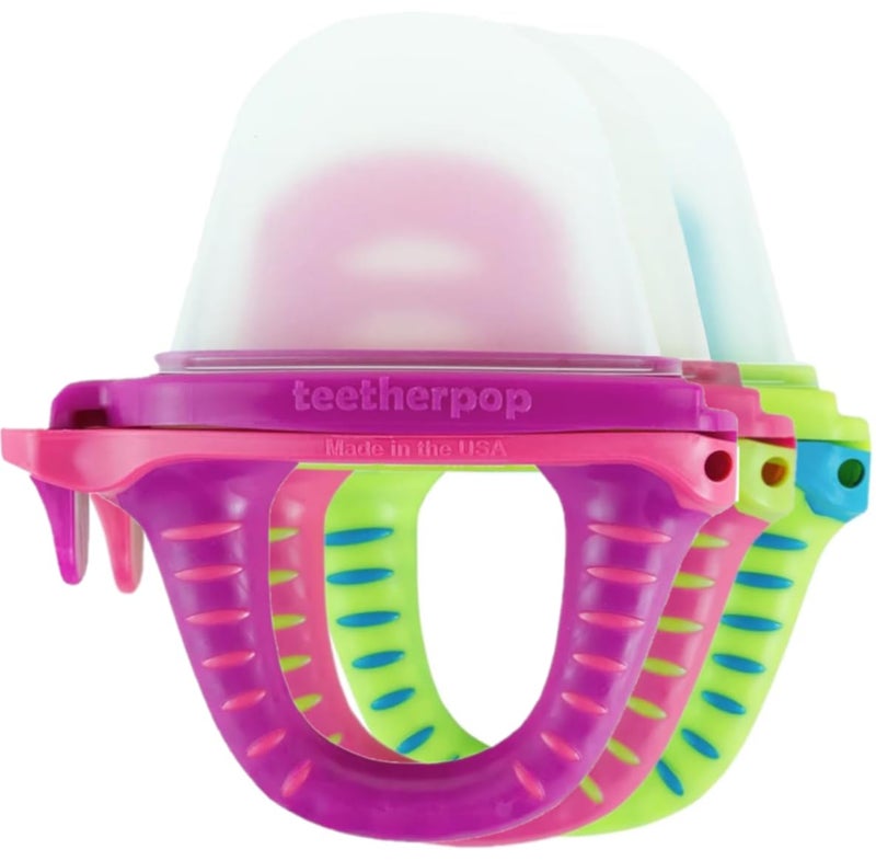 Teetherpop Fillable Silicone Teether for Babies (3-Pack) - Breastmilk Popsicle Molds for Teething w/Spill-Proof Sippy Slits - Freezable Baby Teethers for Liquid & Purée (Fucshia/PinkLemon/BlueLemon) - Image 1