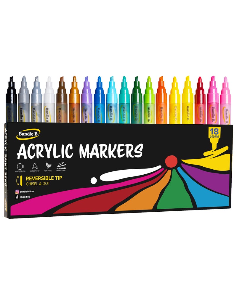 Bandle B. Bandle B Acrylic Paint Markers Set of 18 Paint Pens for Art Fabric Coloring and JournalingQuickDrying Waterproof NonToxic Reversible ChiselDot Tip - Image 3