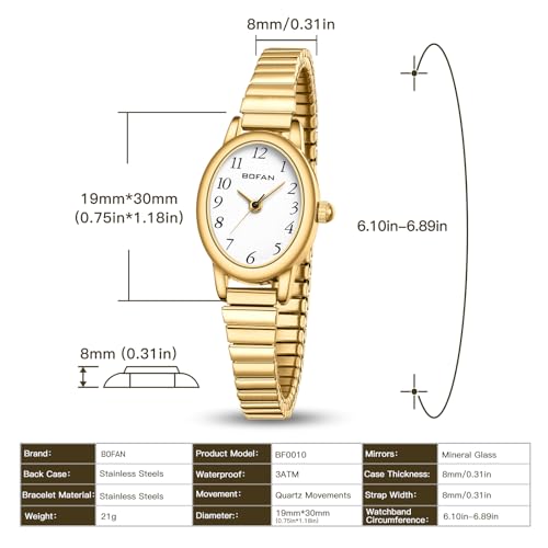 BOFAN Small Gold Watches for Women Easy Read Ladies Quartz Wrist Watch with Stainless Steel Expansion Band,Waterproof.（6.10in-6.89in） - Image 4