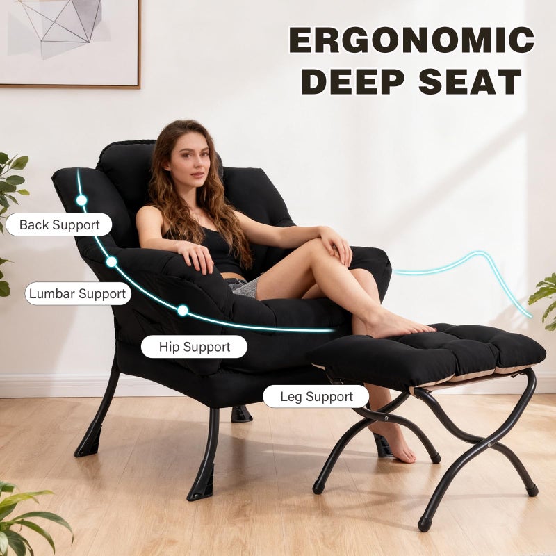 SESHINELL Lazy Chair with Ottoman, Modern Accent Chair Contemporary Lounge Leisure Sofa Chair with Armrests, Reading Chair and Folding Footstool Set for Living Room, Bedroom, Office, Black - Image 5