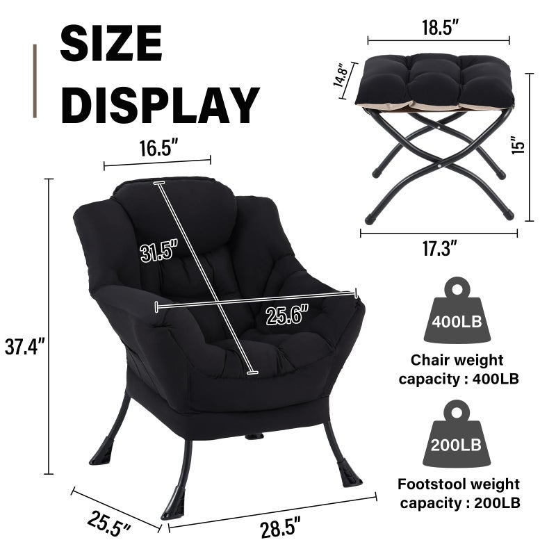 SESHINELL Lazy Chair with Ottoman, Modern Accent Chair Contemporary Lounge Leisure Sofa Chair with Armrests, Reading Chair and Folding Footstool Set for Living Room, Bedroom, Office, Black - Image 2