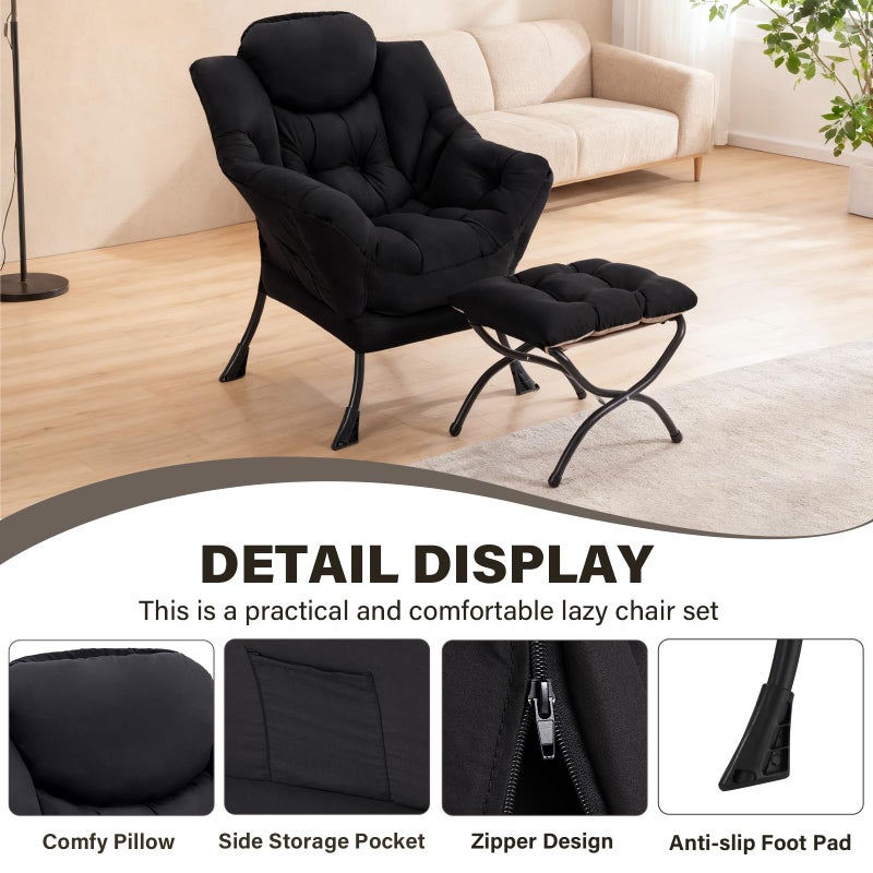 SESHINELL Lazy Chair with Ottoman, Modern Accent Chair Contemporary Lounge Leisure Sofa Chair with Armrests, Reading Chair and Folding Footstool Set for Living Room, Bedroom, Office, Black - Image 3