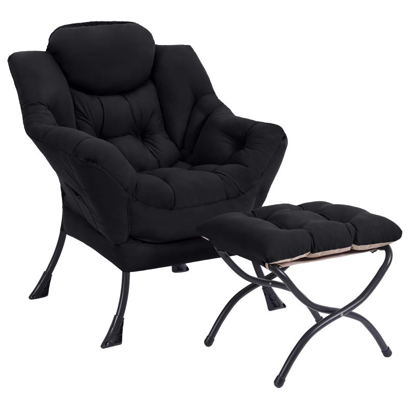 SESHINELL Lazy Chair with Ottoman, Modern Accent Chair Contemporary Lounge Leisure Sofa Chair with Armrests, Reading Chair and Folding Footstool Set for Living Room, Bedroom, Office, Black - Image 1