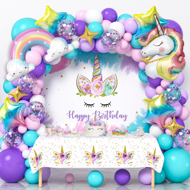 SNLN Unicorn Birthday Decorations Party Supplies for Girls Purple Unicorn Balloon Arch with Backdrop Tablecloth Rainbow Star Foil Balloons Princess Girls Unicorns Party Decorations Supplie - Image 3