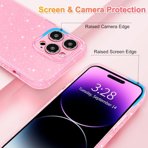 Hython Case for iPhone 14 Pro Case Glitter Cute Sparkly Shiny Bling Sparkle Phone Cases 6.1", Thin Slim Fit Soft TPU Bumper Shockproof Rubber Protective Cover for Women Girls Girly, Bright Pink - Image 3